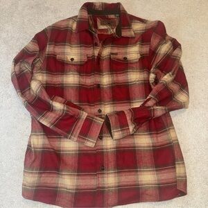 Orvis Heavy Red Beige Flannel Shirt XL Buttons
